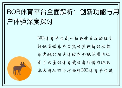 BOB体育平台全面解析：创新功能与用户体验深度探讨